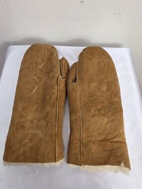 Vintage Shearling Leather Mittens in Chestnut Brown